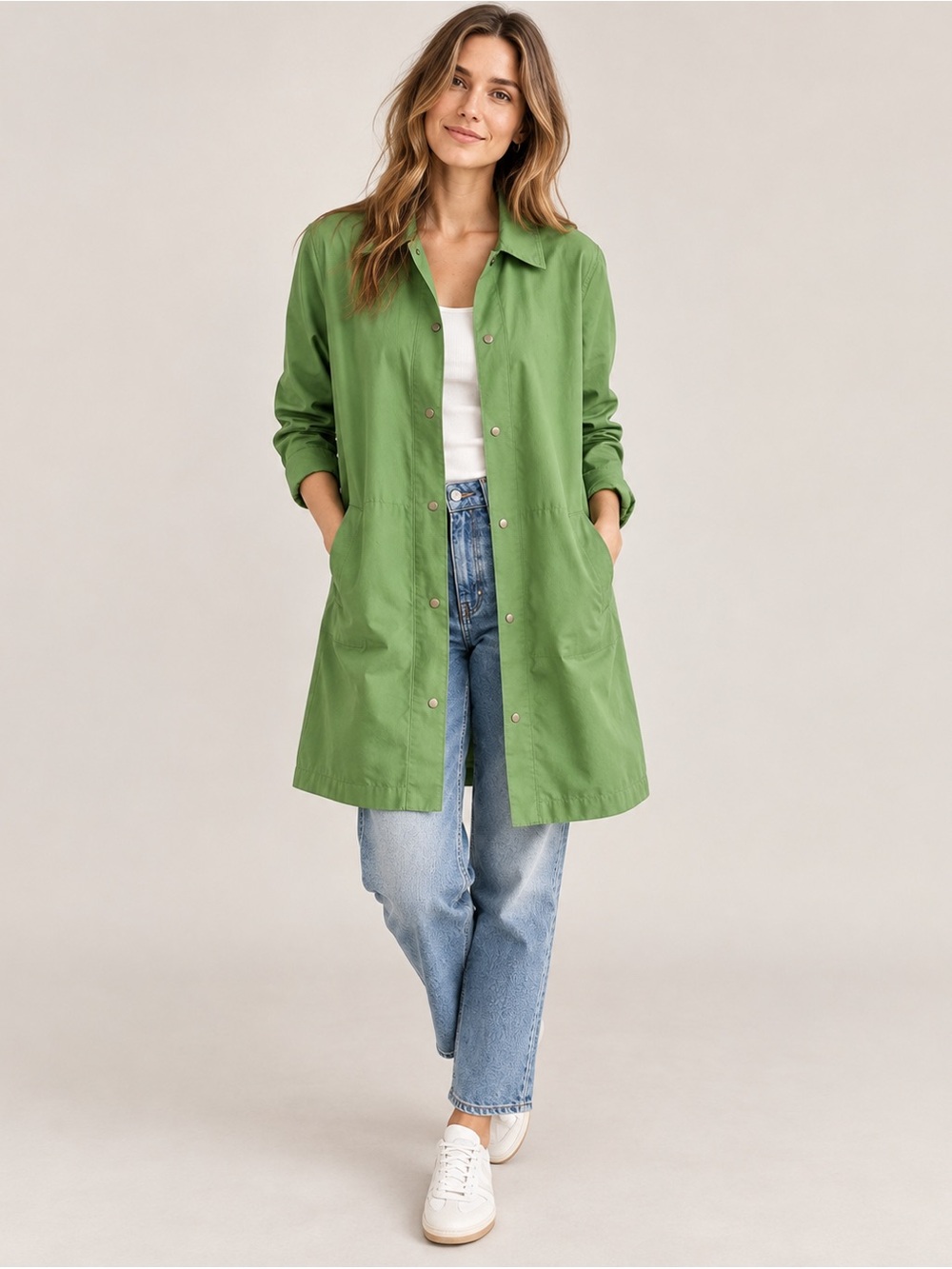 Eileen Fisher Green Italian Fabric Snap Front Long Jacket Size S